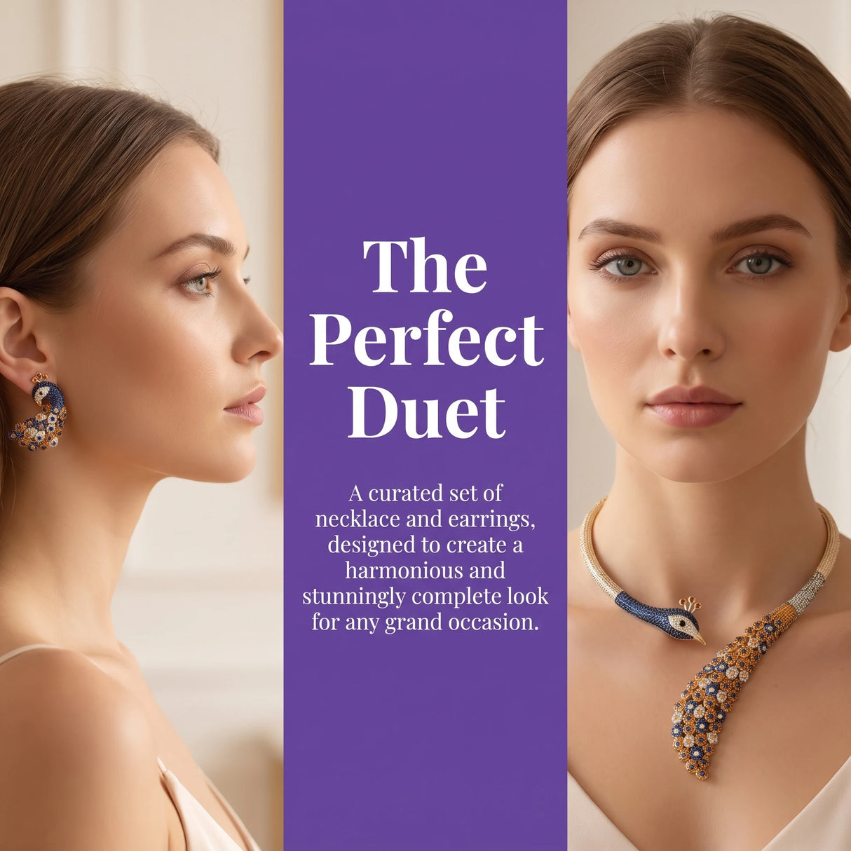 Women's Full Diamond Colored Gemstone Peacock Necklace and Earring Set, Bridal Dress Accessories