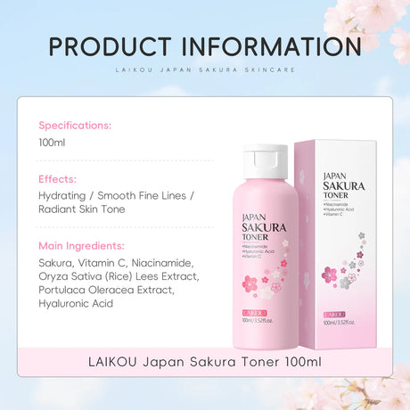 LAIKOU Japan Sakura Toner with Niacinamide Hyaluronic Acid Vitamin C 100ml - Moisturizing Refreshing Gentle