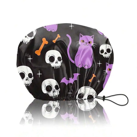 Reusable Double Layer Waterproof Shower Cap For Women Adjustable Elastic Hair Bath Cap With Cat Skull Design