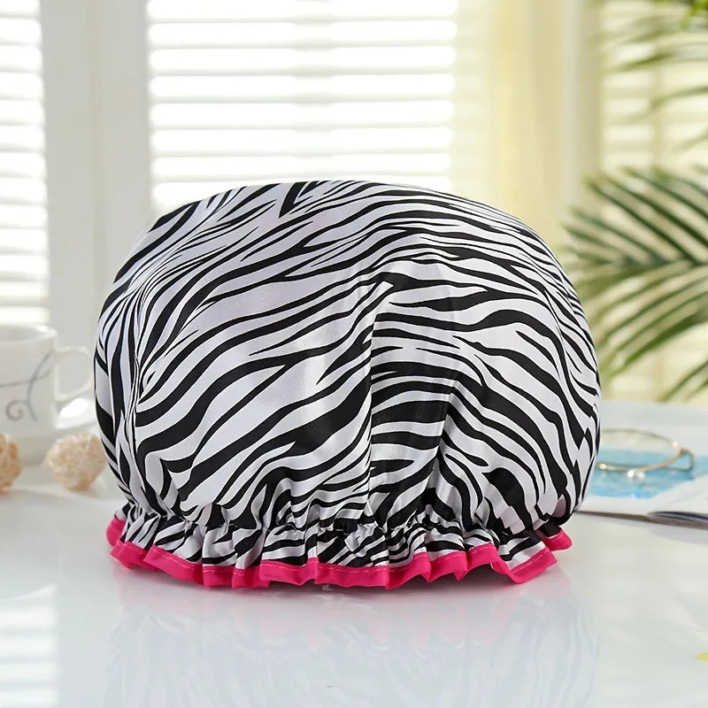 1Pc Fashionable Printed Doublelayer Waterproof Shower Cap,a Must-have for Bathrooms,with Diverse Hair Care and Waterproof Styles