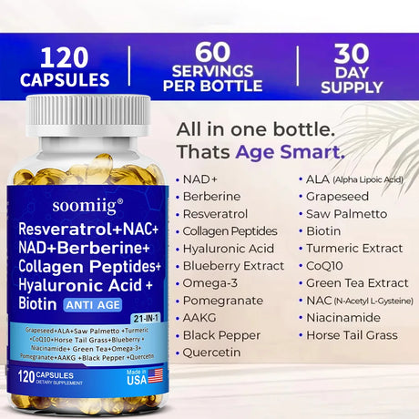 Vitamax 21-in-1 Supplement | NAD+ Resveratrol Collagen Berberine | Supports Hair, Skin, Nails, Joints, Anti-aging, Firming Skin