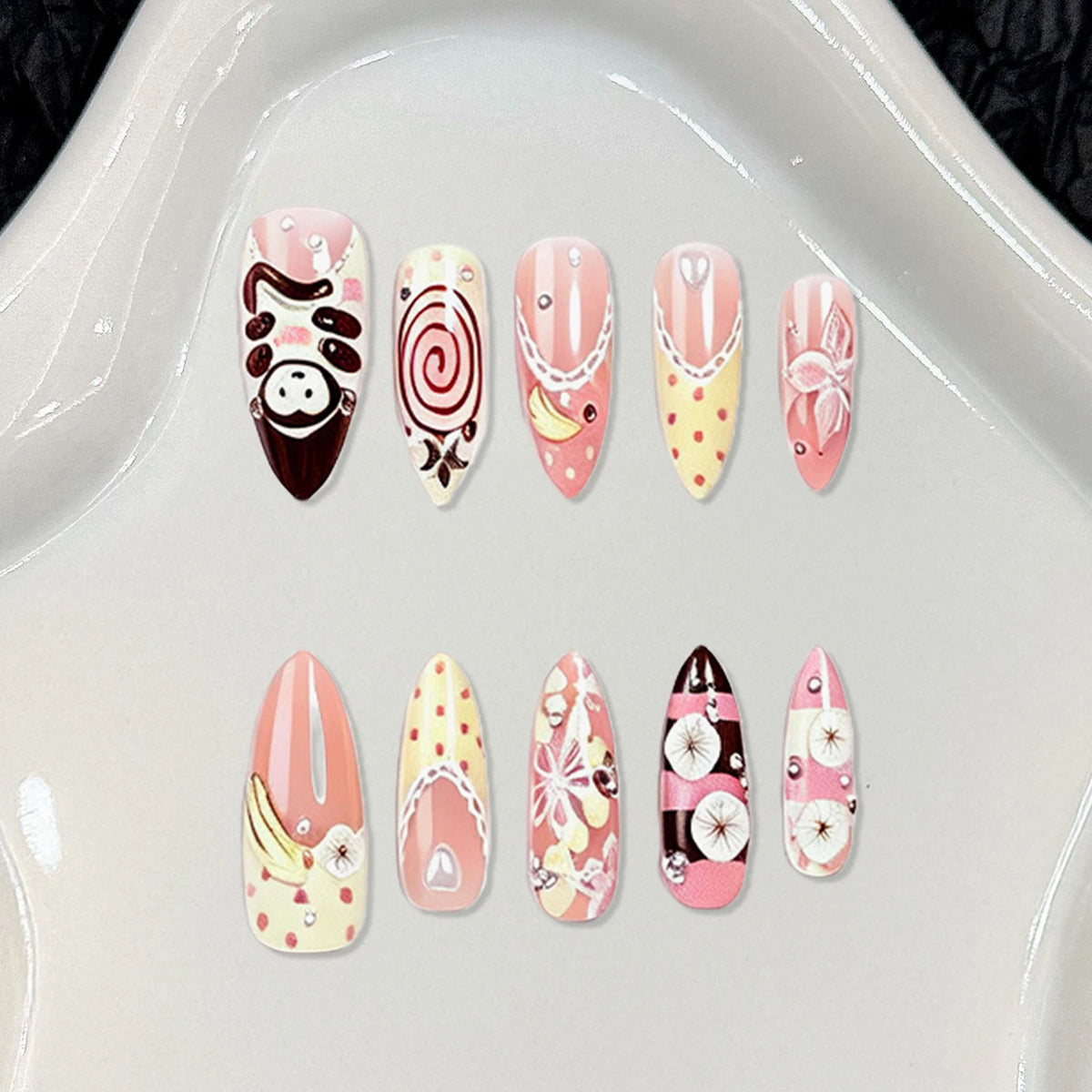 30pcs Japenese Series False Nail Cute Cartoon Monkey Flower Heart Pearl Decor Press On Nails Sweet Ballet French Style Fake Nail