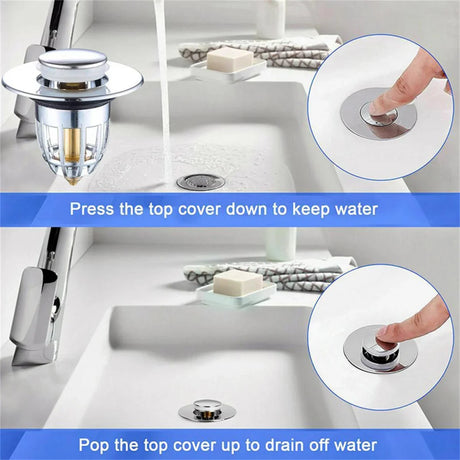 Universal Rebound Drain Plug Filter Basin Pop-up Chrome Sink Filter with Hair Catcher Bathroom Sink Drain Stopper Easy Push Type