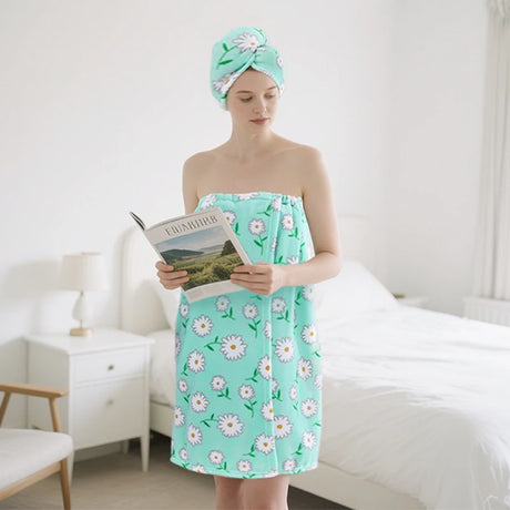2 Pcs Combination Set Bath Skirt + Shower Cap Daisy Pastoral Style Wearable Bath Towel Skirt  Hair Wrap Flower Soft & Absorbent