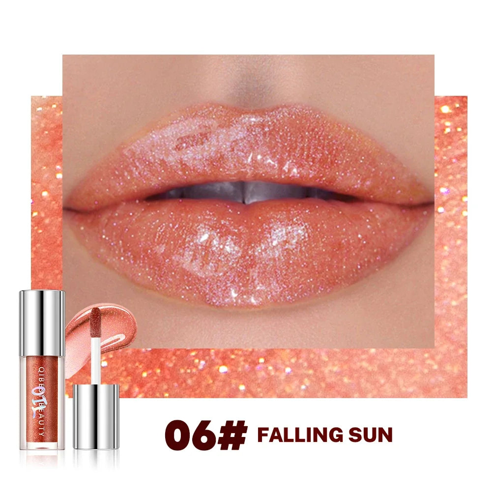 Qibest 8 Colors Moisturizing Diamond Shimmer Glitter Lip Gloss Makeup Sparkling Glitter Liquid Lipstick Pearl Lipgloss Tint