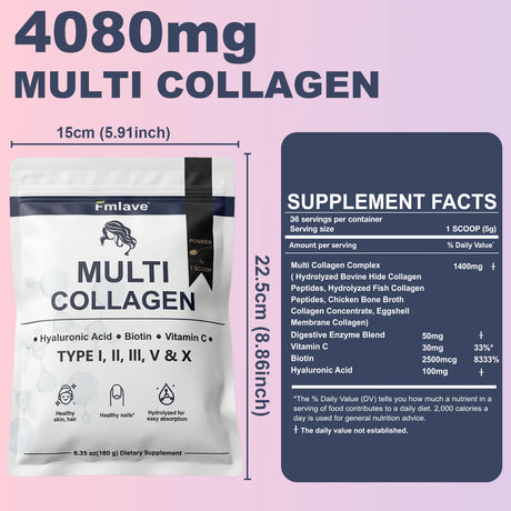 Fmlave  Ingredients Multi Collagen Peptides Powder,  – Hydrolyzed Type I,II,III,V,X with Biotin, Hyaluronic Acid, Vitamin C – Unflavored Collagen for Women & Men, Easy Dissolve