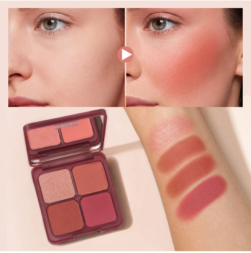 4 Shades Blush Palette Matte & Shimmer Two Textures Rich Pigment Long-wear Soft Blur Finishing Compact Blush Daily Cheek Makeup