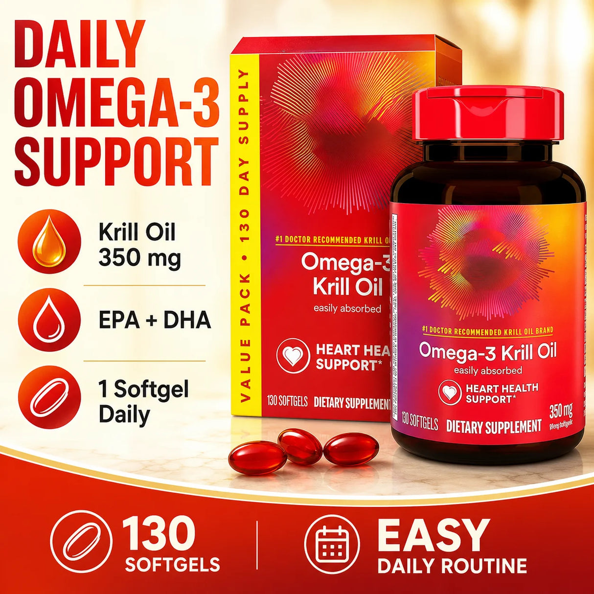 Omega-3 Krill Oil 350mg Softgels 130 Count, EPA DHA with Phospholipids & Astaxanthin, Daily Wellness Support for Men & Women