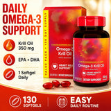 Omega-3 Krill Oil 350mg Softgels 130 Count, EPA DHA with Phospholipids & Astaxanthin, Daily Wellness Support for Men & Women