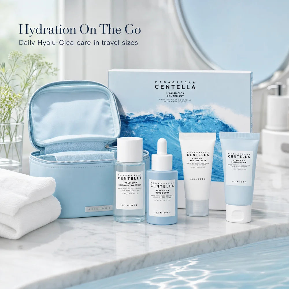 Centella Hyalu-Cica and Poremizing Travel Kit,Toner, Ampoule Serum,Face Moisturizer Cream and Night Sleeping Pack Mini 4pcs Set