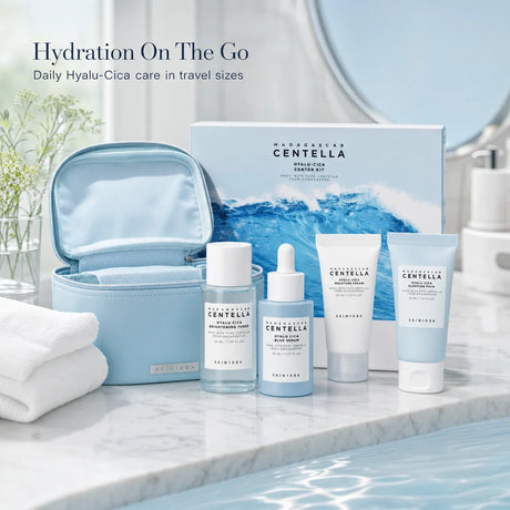 Centella Hyalu-Cica and Poremizing Travel Kit,Toner, Ampoule Serum,Face Moisturizer Cream and Night Sleeping Pack Mini 4pcs Set