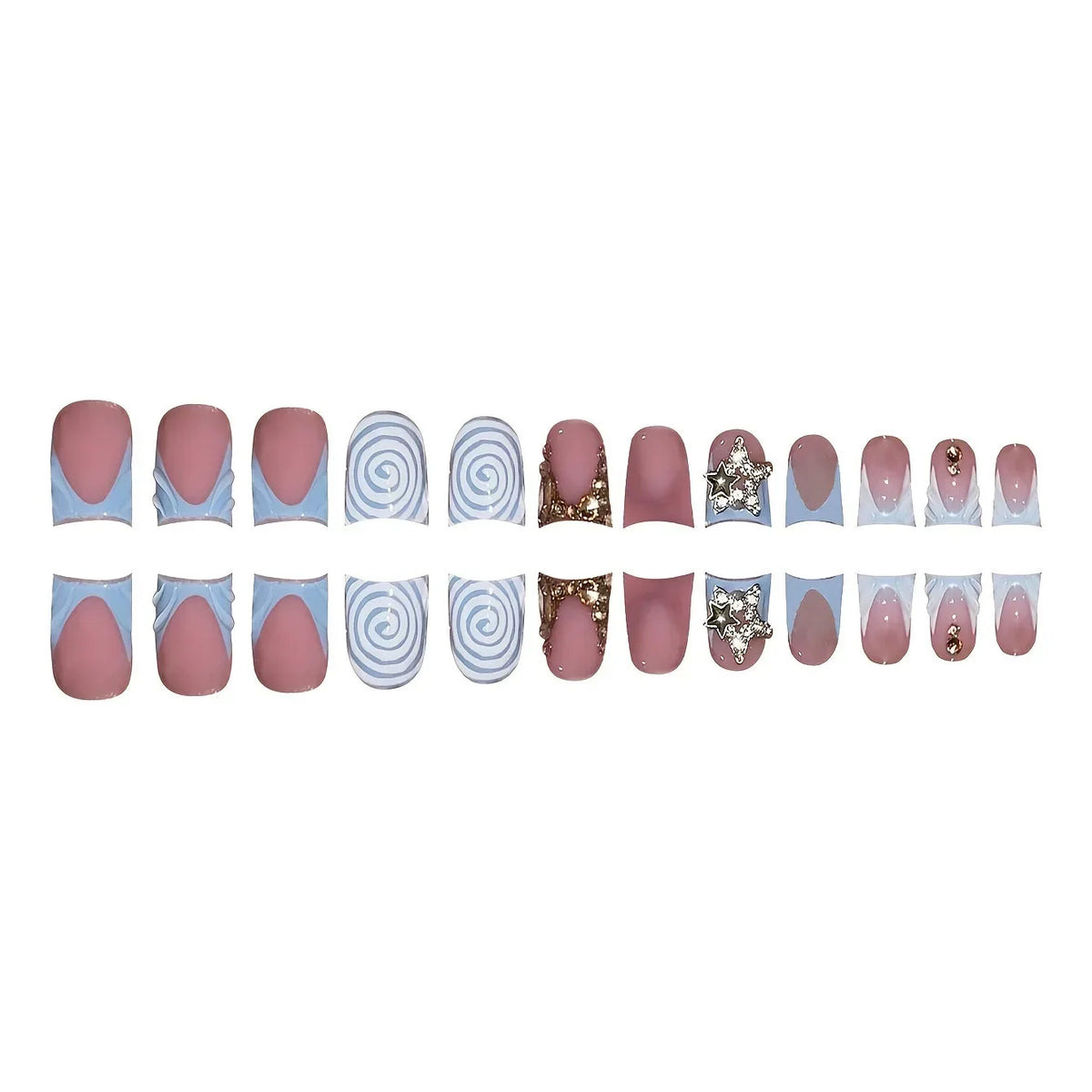 24pcs Short Duckbill False Nails Wearable Blue French Fake Nails Star Flash Rhinestones Decor Gradient Y2k Nails Press on 2030