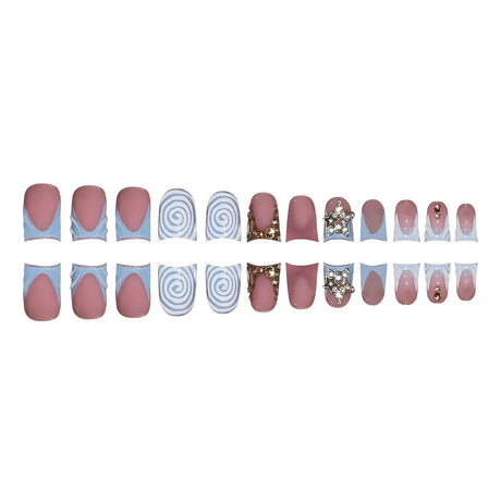 24pcs Short Duckbill False Nails Wearable Blue French Fake Nails Star Flash Rhinestones Decor Gradient Y2k Nails Press on 2030