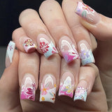 Mid-length Coffin Fake Nails 24Pcs White French Tip Ballerina Press On Nail Pink/White Flower Printed Spring/Summer DIY Manicure