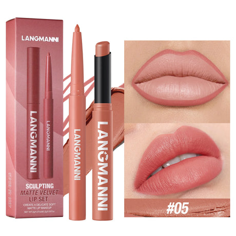 2Pcs/Set Matte Lipstick Lip Liner Pencil Non-Stick Cup Long-Lasting Velvet Red Lipstick Pen Smooth Lipliner Waterproof Makeup