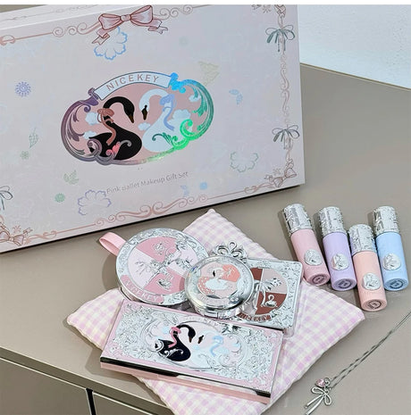 NICEKEY Pink Ballet Makeup Sets Include 4 Lip Mud,1 Blush,1 Pressed Powder,1 Eyes Palette,1 Contour Palette With Necklace Gift