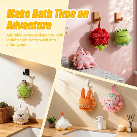 Kids Loofah, Cute Cartoon Animal Kids Bath Sponge with Hanging Rope, Soft Double Mesh for Rich Lather