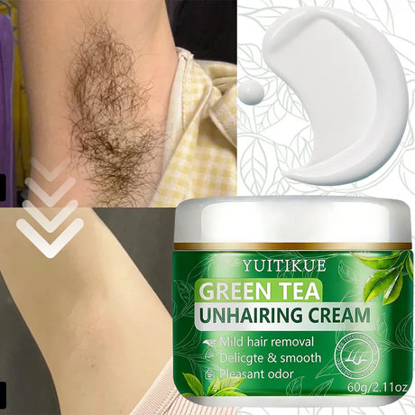 YUITIKUE Green Tea Unhairing Cream | Mild Hair Removal Formula | Delicate Smooth Skin & Pleasant Odor For All Skin Types 60g
