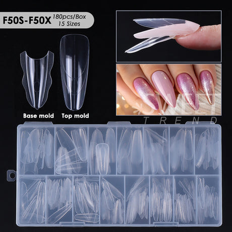 180pcs New Sandwich Nail Extension Mold Interlayer Dual Nail Forms Easy To Shape Oval/Coffin Mixed 15 Size Prolong Tool Manicure