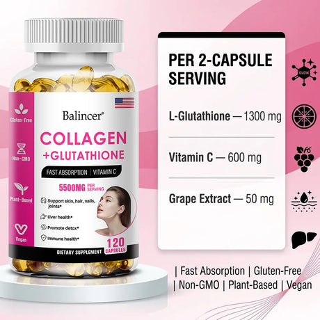 Glutathione Collagen Capsules, Antioxidant, Skin Whitening, Deeply Nourish Skin, Hair & Nails, Support Anti-Aging & Joint Health