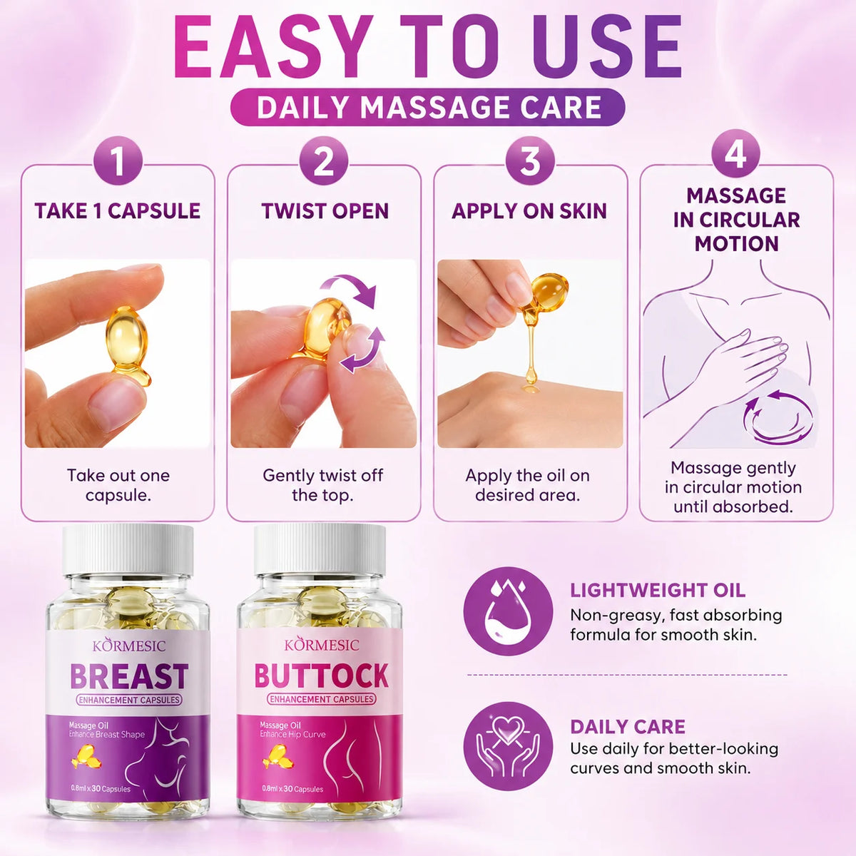 Breast Buttock Enlargement Massage Oil Capsules, Women Body Curve Enhancer, Hip Breast Firming Plumping Serum, Fuller Shape 30pc