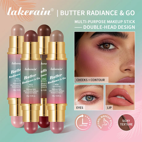 Butter Glow & Go Multiuse Stick Double-Headed Bronzer Blush Stick for Cheeks Contours Light Glossy Bronze&Pink Blusher Cosmetics