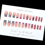 24Pcs Long Square Press on Nails Leopard Print French 3D Cherry Design False Nail Rhinestone Wearable Full Cover Fake Nails Tips
