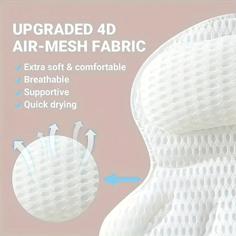 1pc Luxury Bath Pillow with 3D Air Mesh & Secure Suction | Neck/Back Support, Machine Washable, Home/Spa Use