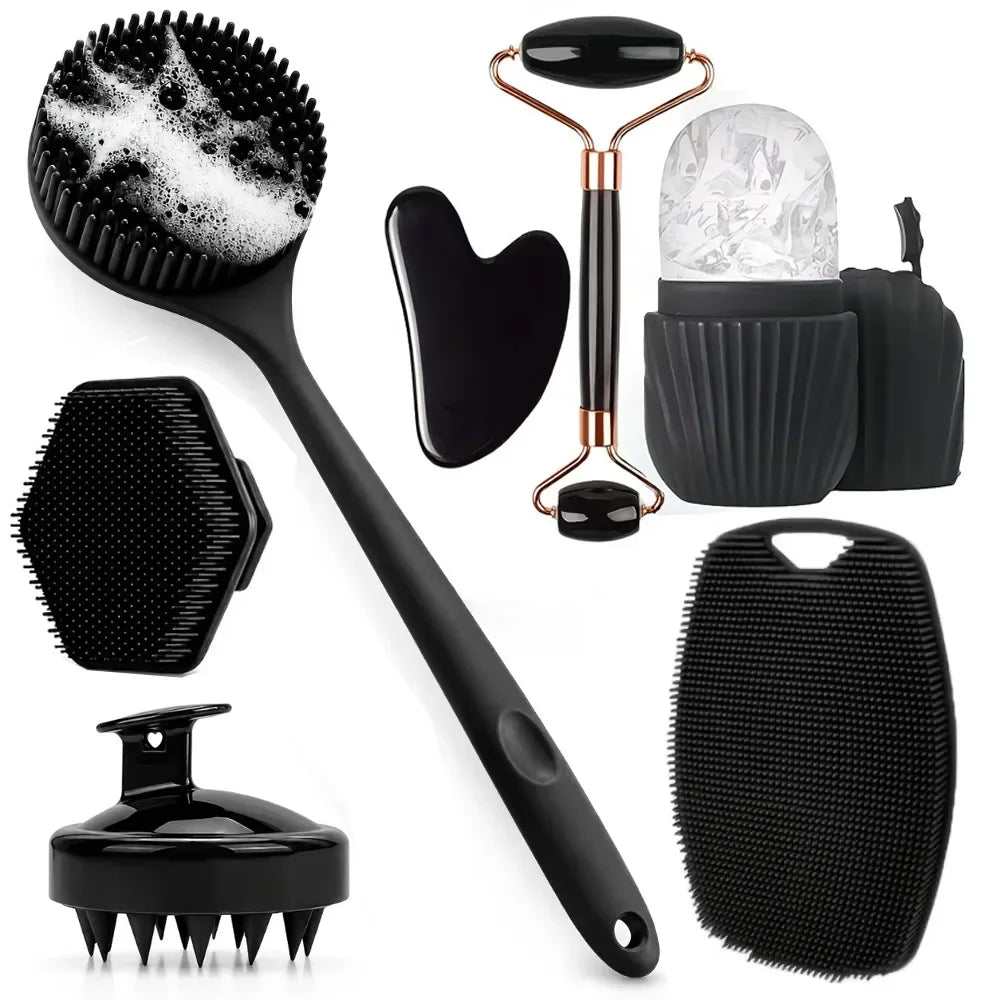 7/4/3Pcs Shower Body Care Set Long Handle Silicone Back Brush Hair Scalp Massager Exfoliate Face Roller Gua Sha Massage Tools