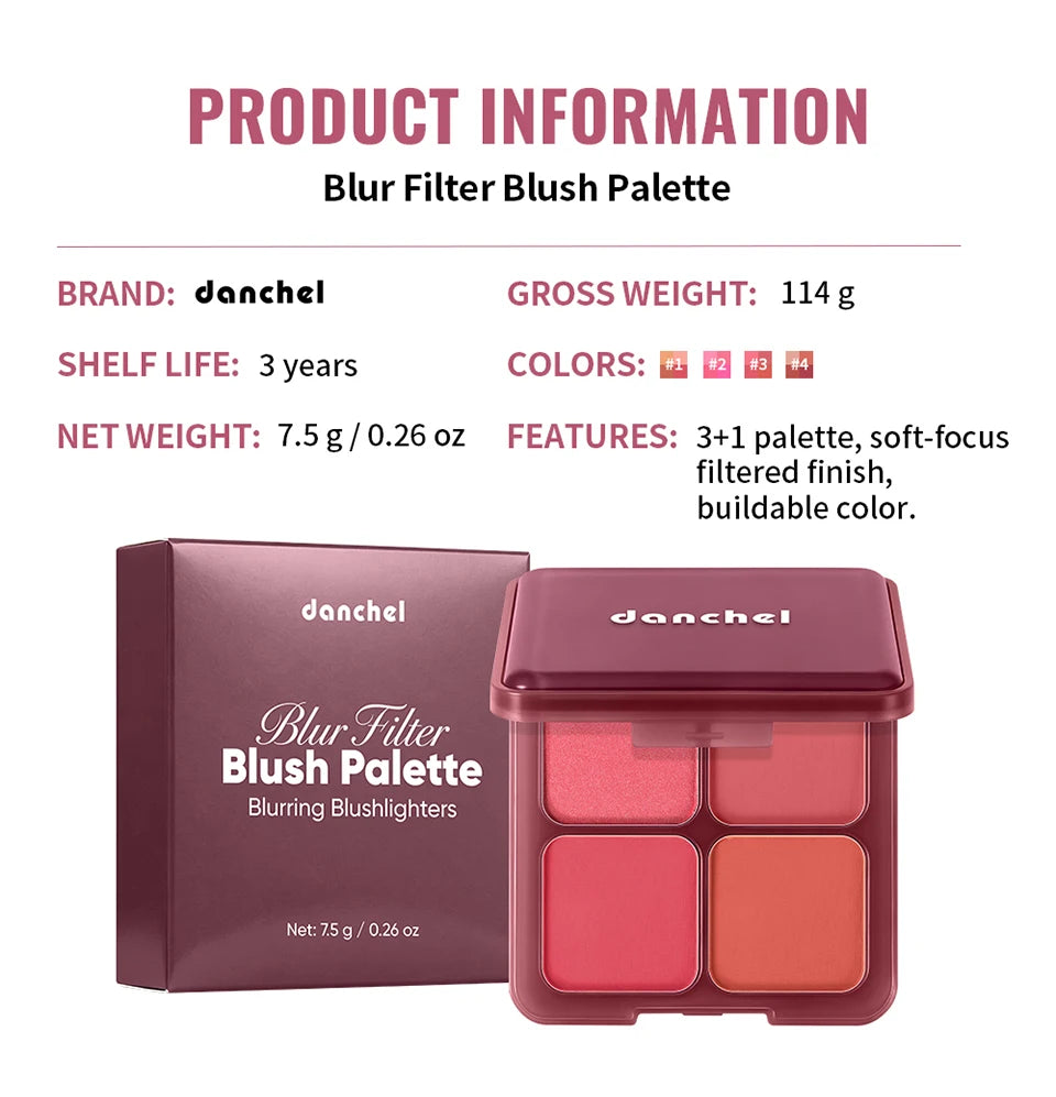 4 Shades Blush Palette Matte & Shimmer Two Textures Rich Pigment Long-wear Soft Blur Finishing Compact Blush Daily Cheek Makeup