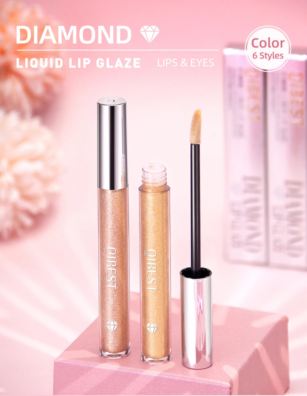QIBEST Metallic Glitter Liquid Lipstick Makeup Waterproof Lip Gloss Long-lasting Shimmer Metal Diamond Lip Glaze Tint Charming