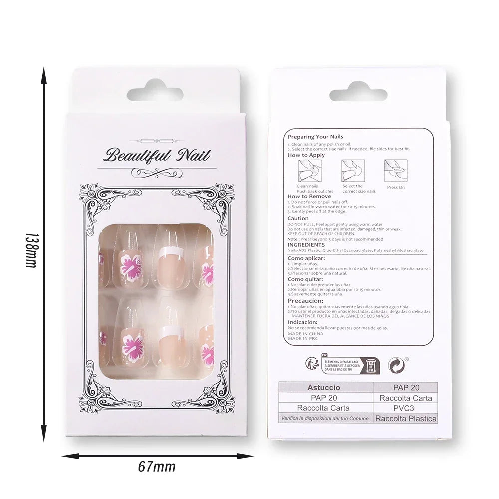 24Pcs Short Square Pink Floral French Press On Nails Clear Base Hand Drawn Flower Reusable With Adhesive Glue For Women Daily Party DIY Spring Summer Manicure Supply