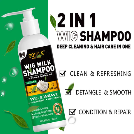 GOIPLE Natural Coconut Oil Wig Milk Shampoo Smooth Repair Moisturizes Frizzy Hair for Wigs Wave 2 in 1 Wig Wash Care Product