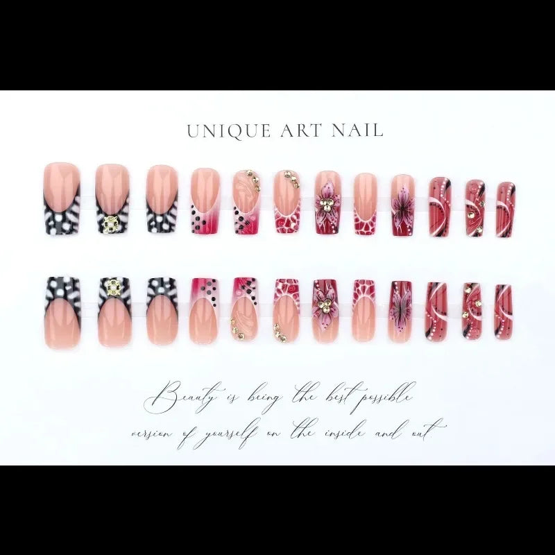 24Pcs Long Square Press on Nails Leopard Print French 3D Cherry Design False Nail Rhinestone Wearable Full Cover Fake Nails Tips