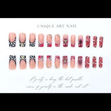 24Pcs Long Square Press on Nails Leopard Print French 3D Cherry Design False Nail Rhinestone Wearable Full Cover Fake Nails Tips