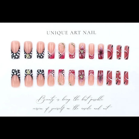 24Pcs Long Square Press on Nails Leopard Print French 3D Cherry Design False Nail Rhinestone Wearable Full Cover Fake Nails Tips