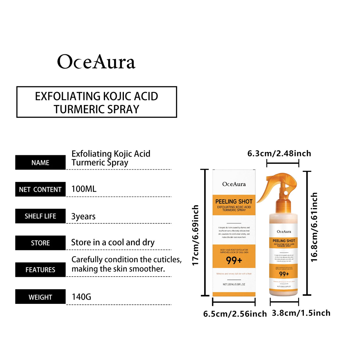 Exfoliating Kojic Acid Turmeric Spray Gently Peeling Solution Hydrating Skin Brightening Mist for Smooth Skin Back & Foot Care