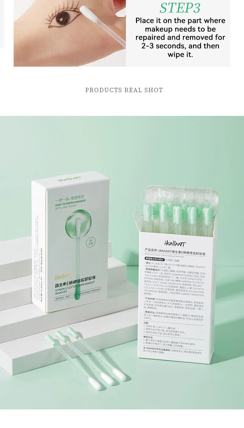 ikAllANT Makeup Remover Cotton Swabs - 25 pieces-Pre-soaked with Cleansing Liquid, Foldable for Instant Use, Beauty Cleaning,