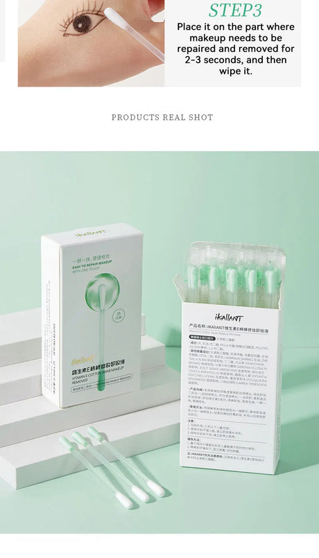 ikAllANT Makeup Remover Cotton Swabs - 25 pieces-Pre-soaked with Cleansing Liquid, Foldable for Instant Use, Beauty Cleaning,