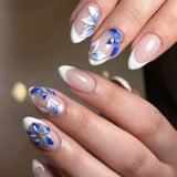 24PCS Juicy Red Cherry Hand Painted Press on Nails Vivid French Border Jelly Clear Almond Shape Fake Nails Summer Vibe