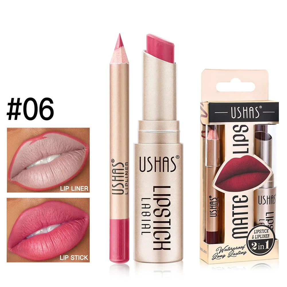 2-in-1 Lip Makeup Set, Matte Lipstick & Lip Liner Pencil, Nude Brown, Waterproof Long Lasting Tinted Lip Balm Contour Kit