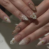 24pcs wearable false nail kit, randomly shipped; almond-shaped pearl starlight false nails; artistic flower press-on nails.