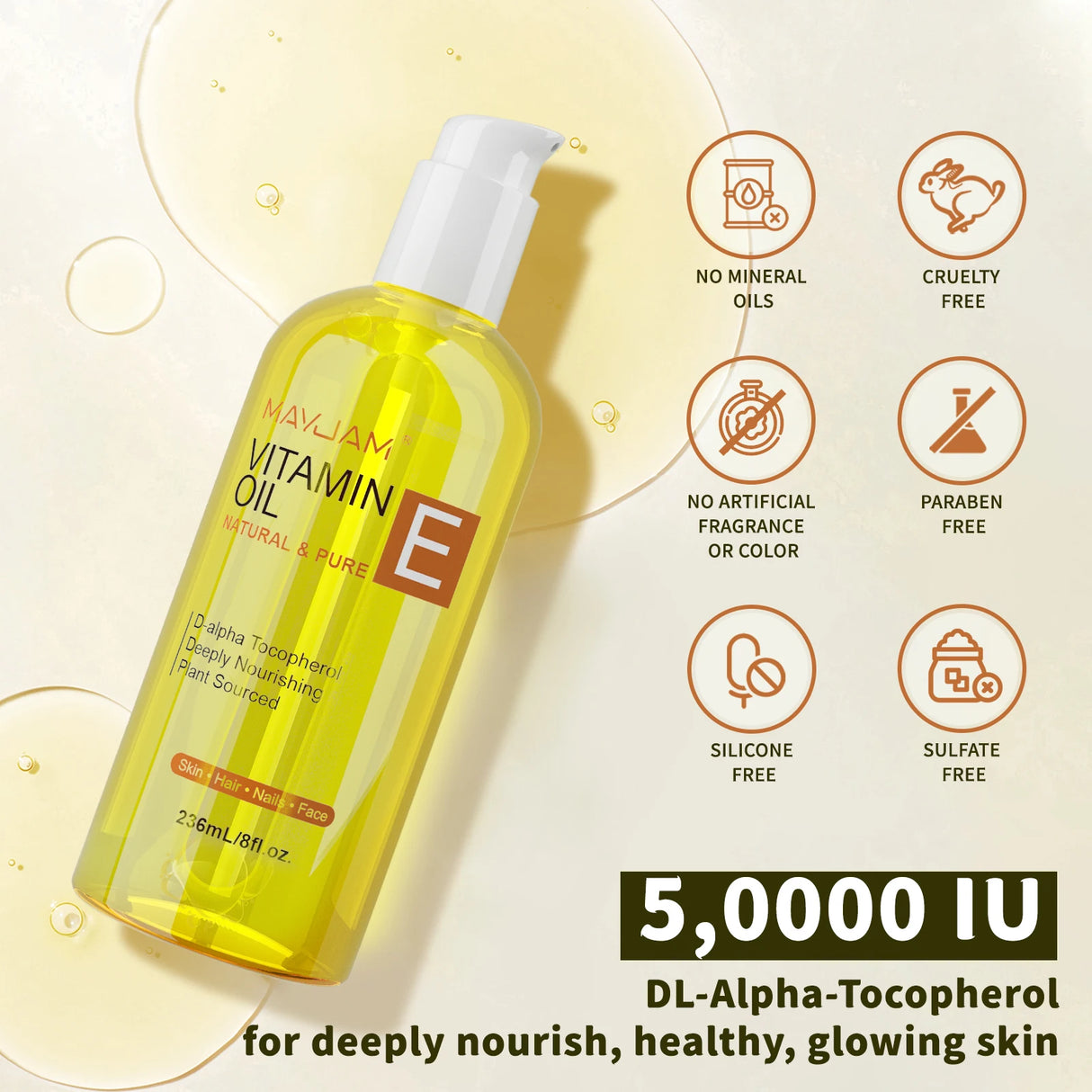 MAYJAM 236ml/118ml Pure Natural Vitamin E Oil Moisturizing for Skin & Face Care,Body Oil for Spa Massage D-Alpha Tocopherol