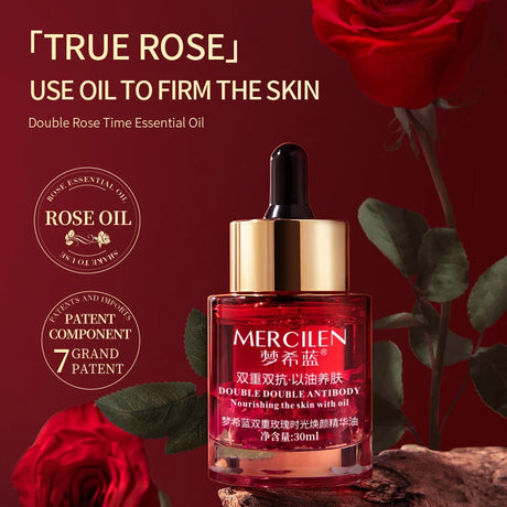 Mercilen Double Rose Time Revitalizing Essence Oil 30ml, Moisturizes, Nourishes, and Firms the Skin, Daily Facial Skin Care Essence, Makes Skin Look Younger, Contains Rose Essential Oil and Plant-Based Squalane, Suitable for