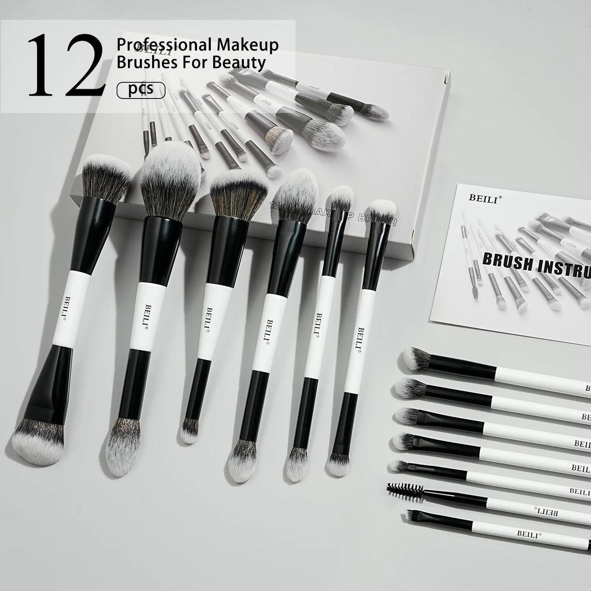 BEILI Dual-ended Makeup Brush Set Professional 12 Pcs Vegan Contour Foundation Powder Eyebrow Bronzer Brushes Cosmetics Kit