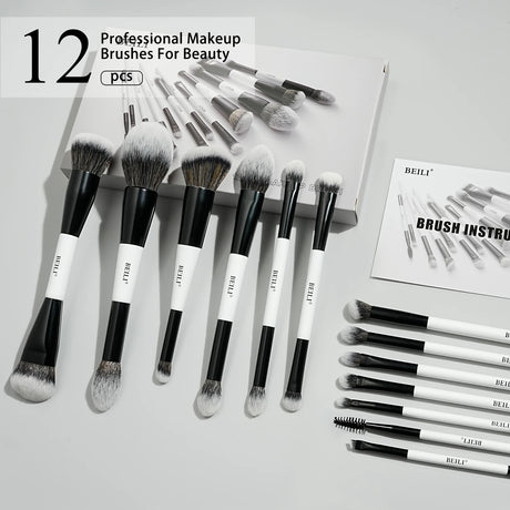 BEILI Dual-ended Makeup Brush Set Professional 12 Pcs Vegan Contour Foundation Powder Eyebrow Bronzer Brushes Cosmetics Kit