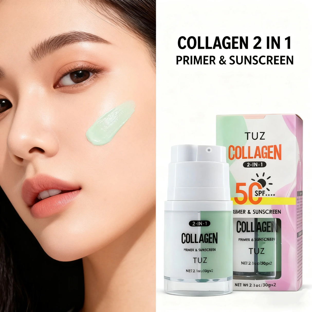 Collagen 2-in-1 Primer & Sunscreen Spf 50, Dual Chamber Face Primer with Collagen Sun Protection & Makeup Base for Flawless Skin