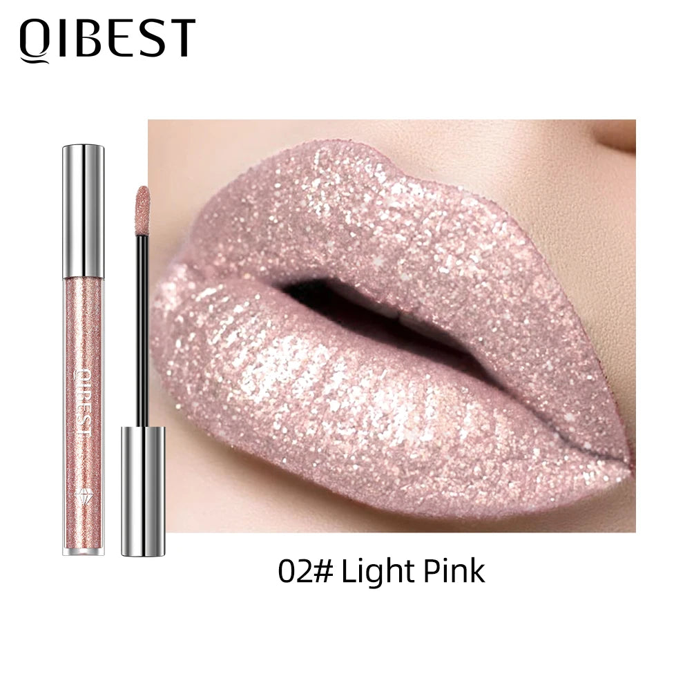 QIBEST Metallic Glitter Liquid Lipstick Makeup Waterproof Lip Gloss Long-lasting Shimmer Metal Diamond Lip Glaze Tint Charming