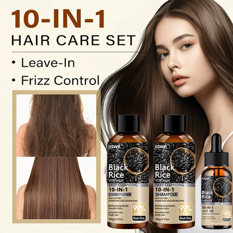 GSWP 10-in-1 Black Rice Moisturizing Shampoo Conditioner Set: Gently Cleanses, Reduces Frizz, Brightens Hair Shine. 200g + 30ml