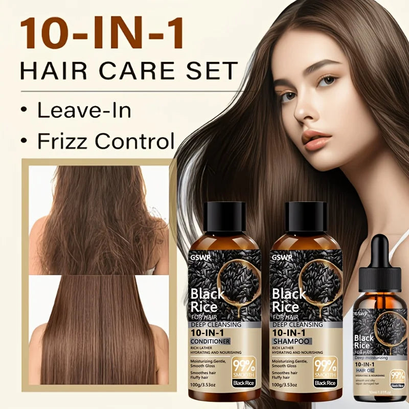 GSWP 10-in-1 Black Rice Moisturizing Shampoo Conditioner Set: Gently Cleanses, Reduces Frizz, Brightens Hair Shine. 200g + 30ml